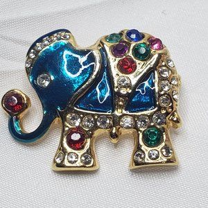 Blue Enamel with Multi-colored Rhinestones Gold tone Brooch